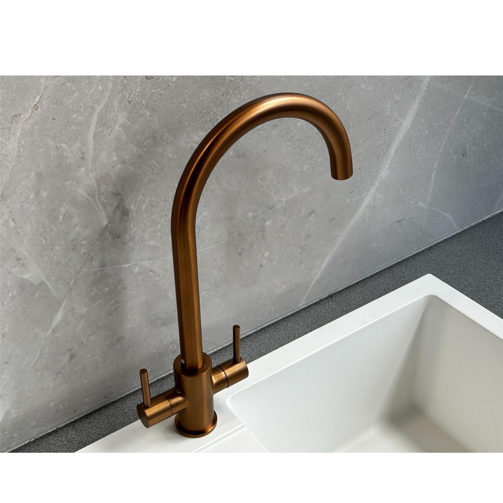 Liquida AD396CP Monobloc Swan Neck Twin Lever Copper Kitchen Mixer Tap